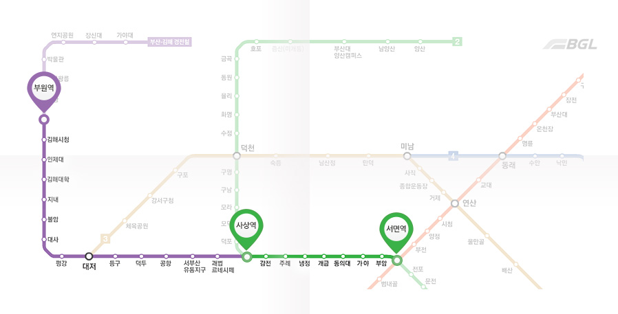 부산,김해 경전철 부원역서부터 사상역까지 찾아오시는 노선도와 2호선 사상역에서 서면역으로 찾아오시는 노선도