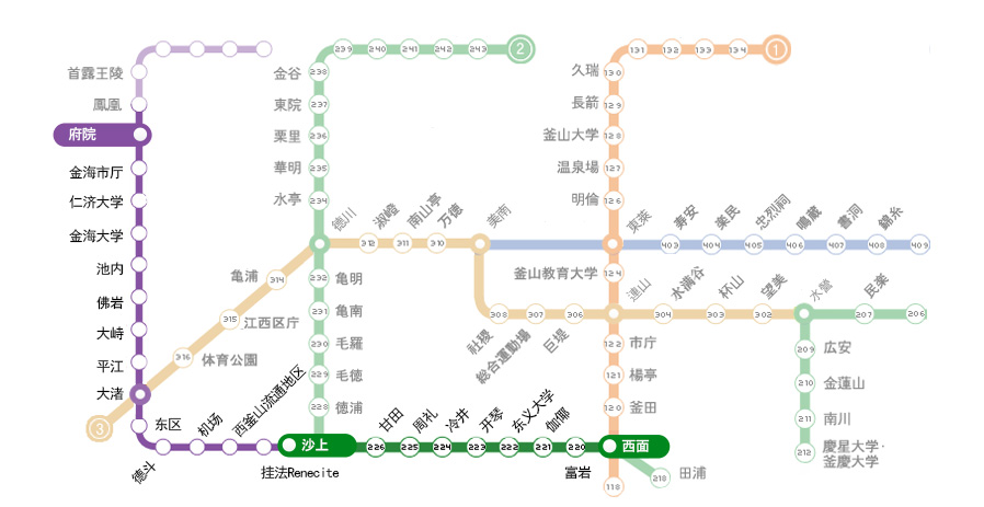 从釜山、金海轻轨电车府院站找到的路线，找到2号线的路线