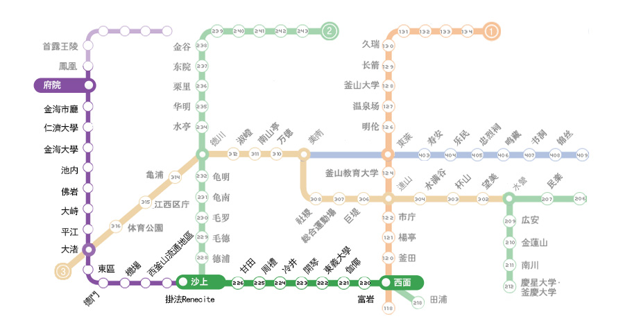 從釜山、金海輕軌電車府院站找到的路線，找到2號線的路線
